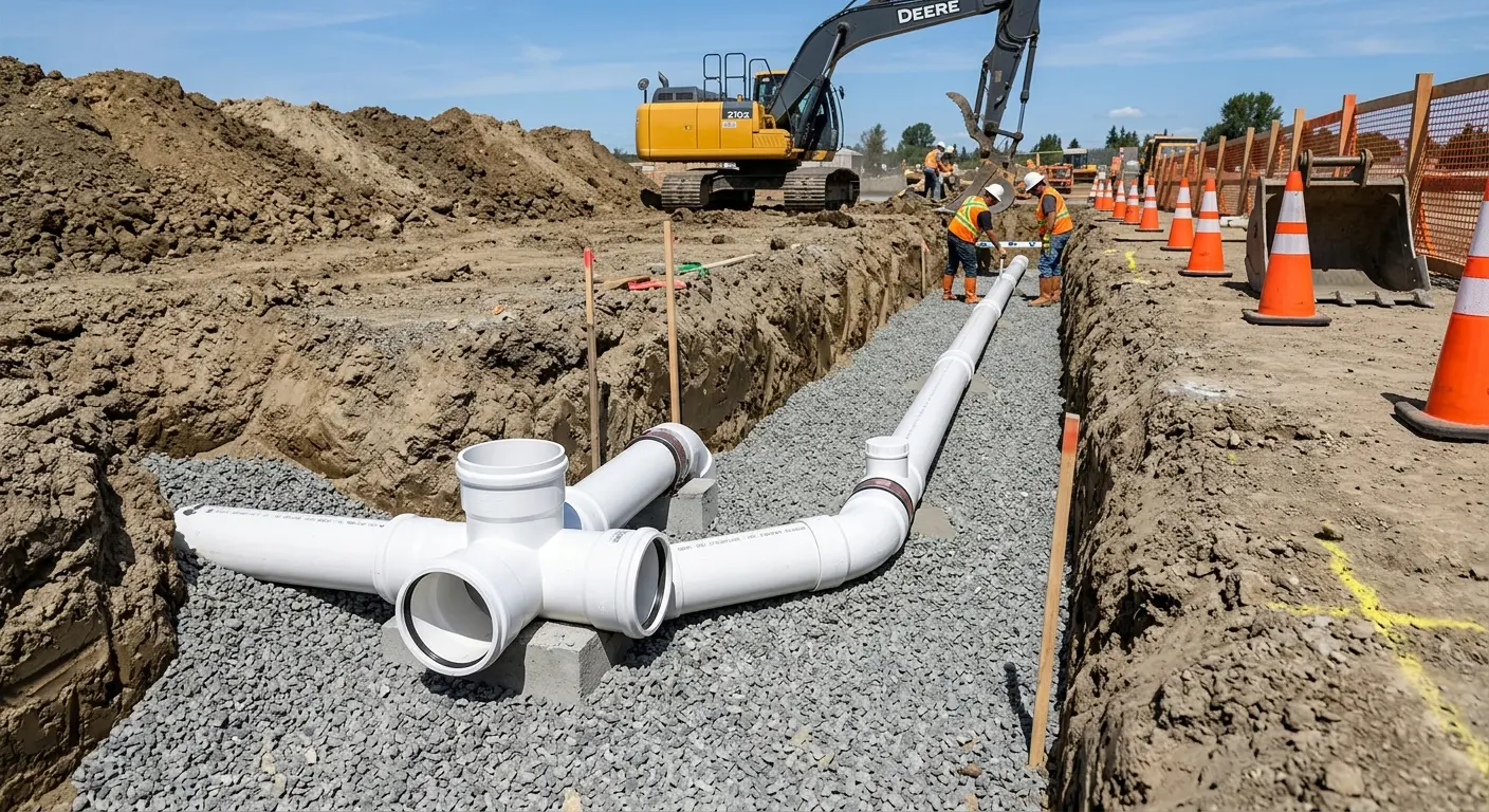 New PVC sewer pipe installation in open trench for Sewer Backup in Forest Lake
