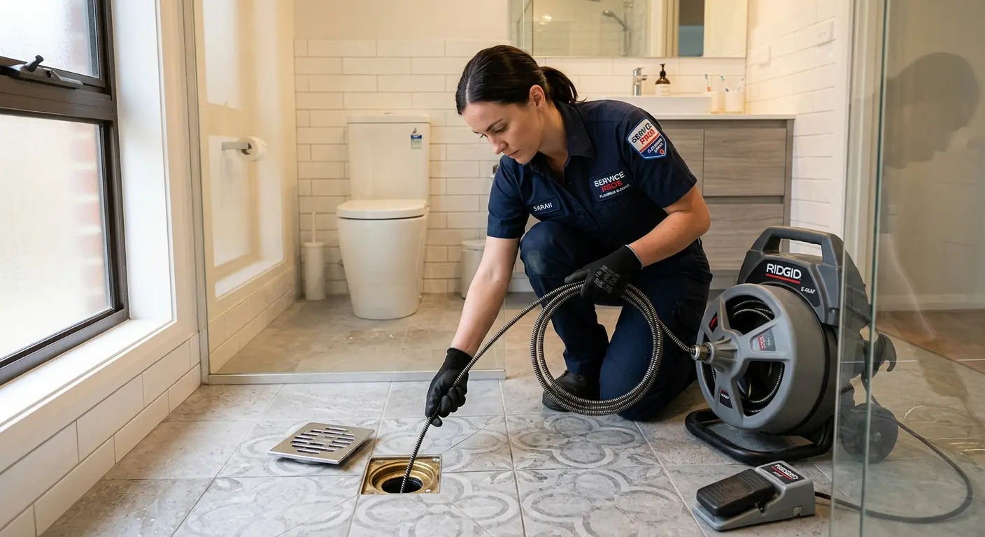 Technician clearing a bathroom floor drain for Clogged Drain Repair in Forest Lake
